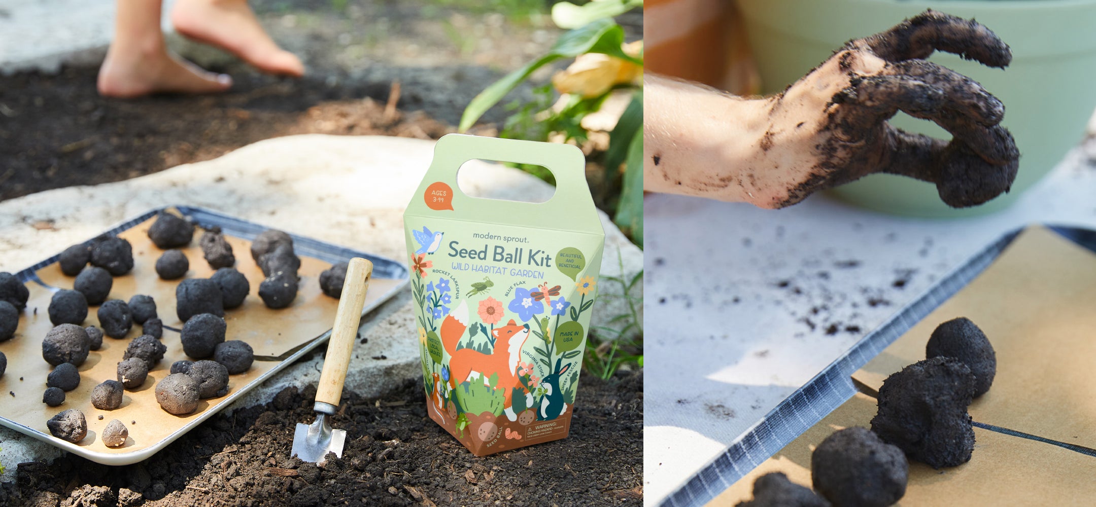 Indoor hydroponic seed ball kit with colorful packaging, soil, and dirt-covered hands for planting herbs and plants.