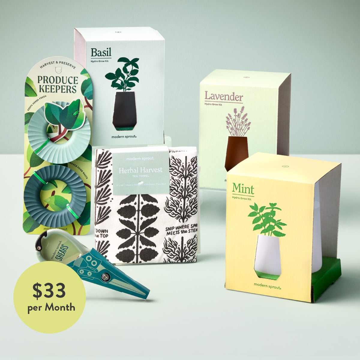 Hydroponic herb growing kits with basil, lavender, mint, plant accessories, and a tea towel, priced at $33/month.