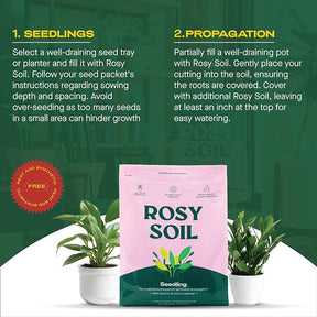 Instructions for using Rosy Soil for seedling propagation, featuring a seedling soil bag and potted plants.