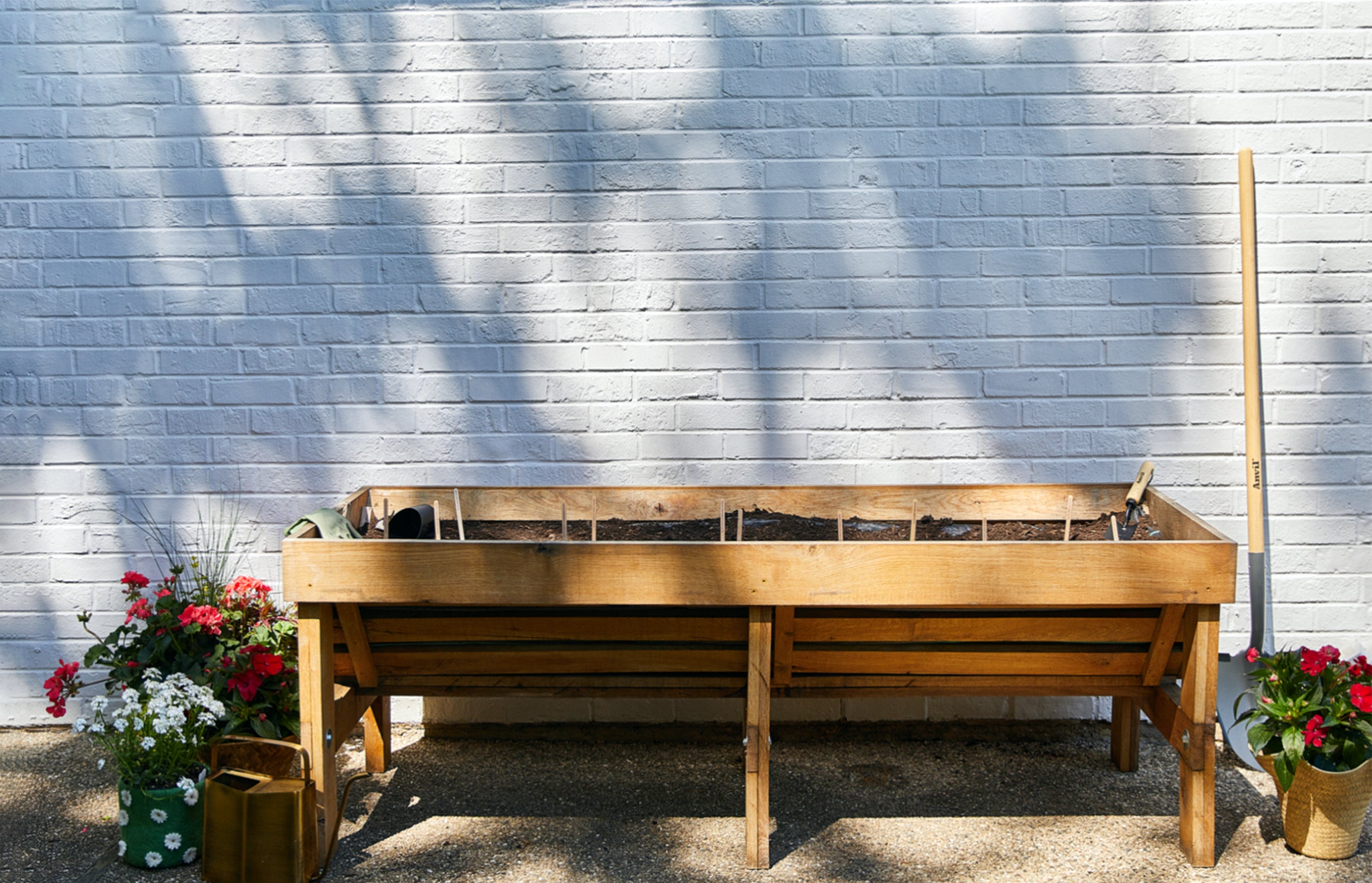 Wooden indoor garden bed with soil, gardening tools, and potted flowers against a white brick wall.