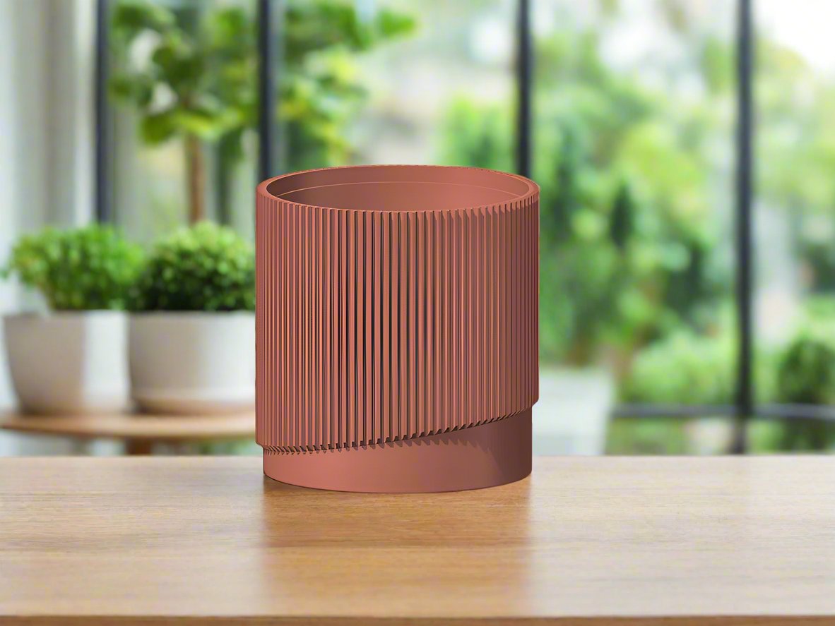 Mid-Century Ribbed Planter with Drainage and Saucer