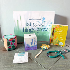 Limited edition gift box featuring a plant care guide, herb seeds, a watering can, and gardening tools.