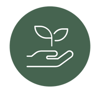 Logo of a sprouting plant on a hand, white on dark green background.