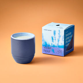 Lavender-scented candle in a blue planter with packaging, designed for indoor gardening and ambiance.