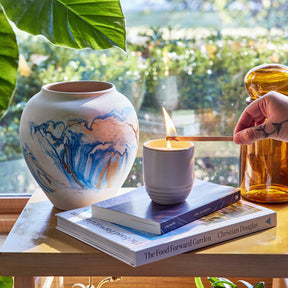 A hand lights a candle in a ceramic planter, surrounded by books and greenery, showcasing a cozy indoor garden vibe.