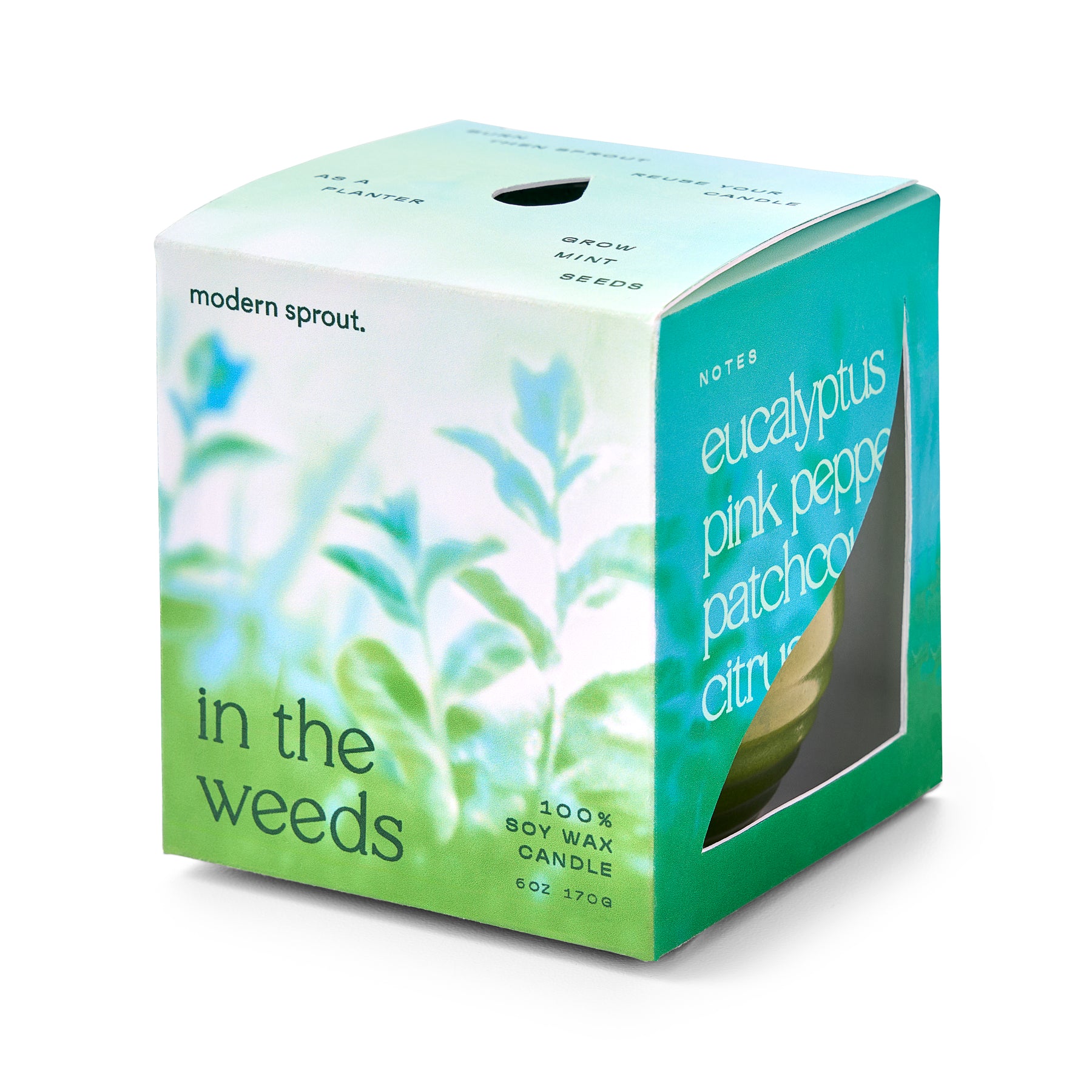 Garden Vibes Candle/Planter features a colorful box with plant imagery, containing a soy wax candle and mint seeds.