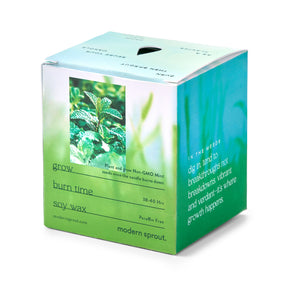 Garden Vibes Candle/Planter 2-in-1 packaging featuring a mint plant image, details on growing, and soy wax information.