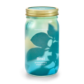 Hydroponic grow kit jar for basil, featuring a gold lid and a blue-green design with leaf silhouettes.