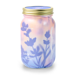 Lavender hydroponic grow kit in a glass jar with a gold lid, featuring a floral design and pastel colors.