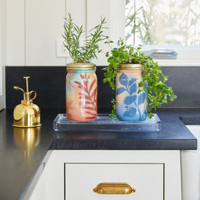 Two garden jars filled with organic rosemary and mint, displayed on a countertop with a gold watering can.