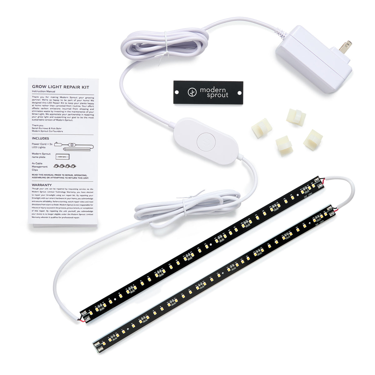 Grow light repair kit featuring LED strips, power adapter, switch, and mounting clips for easy installation and use.