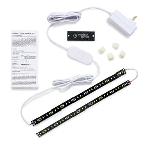 Grow light repair kit featuring LED strips, power adapter, switch, and mounting clips for easy installation and use.