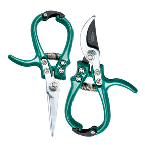Pair of gardening shears and pruners with green handles and stainless steel blades for precise cutting and trimming.
