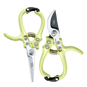 Pair of gardening shears and pruners with ergonomic lime green handles and stainless steel blades for precise cutting.