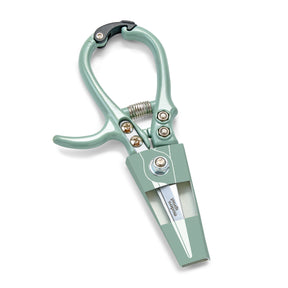 Mint green gardening shears with a spring-loaded handle and sharp stainless steel blades for precise cutting.