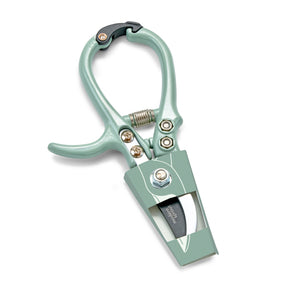 Mint green gardening shears with a curved blade and ergonomic handle, designed for precision pruning and trimming.