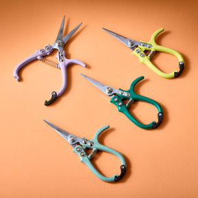 Colorful gardening shears and pruners in purple, yellow, green, and teal arranged on an orange background.