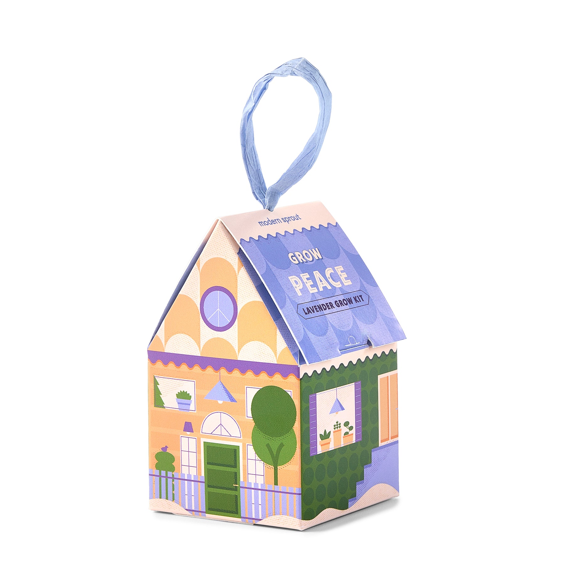Colorful lavender grow kit shaped like a house, featuring a peace theme and a hanging ribbon for easy display.
