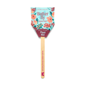 Colorful seed pop with floral design, labeled "Butterfly Seed Pop," promoting wildflowers for butterflies.