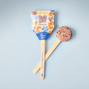 Seed Pops Pollinator with a colorful packaging featuring flowers and a wooden stick for planting.