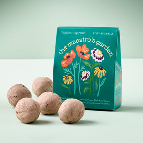 Bespoke Blooms Seed Balls package featuring colorful flower illustrations and five seed balls for planting.