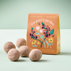 Bespoke Blooms Seed Balls in a colorful box featuring floral illustrations, with five seed balls displayed in front.