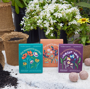 Bespoke Blooms Seed Balls in colorful packaging, surrounded by soil, pots, and blooming plants, ideal for indoor gardening.