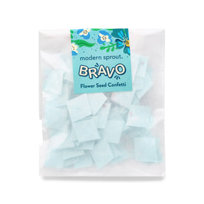 Seed paper confetti refill pack featuring light blue squares, ideal for planting flowers and celebrating special occasions.