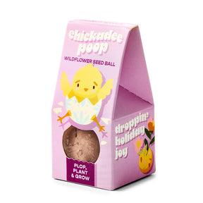 Colorful packaging for Easter Plops, a wildflower seed ball, featuring a chick and playful text. Ideal for planting.