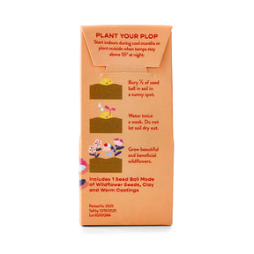 Packaging for Easter Plops seed balls, featuring planting instructions and illustrations of wildflowers and soil.