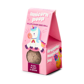 Colorful packaging for Magical Plops wildflower seed balls, featuring a unicorn design and playful text.