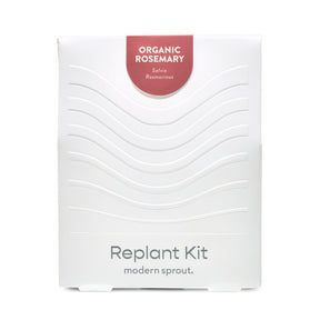 White packaging of the Immersion Hydroponic Replant Kit featuring organic rosemary, labeled with product details.