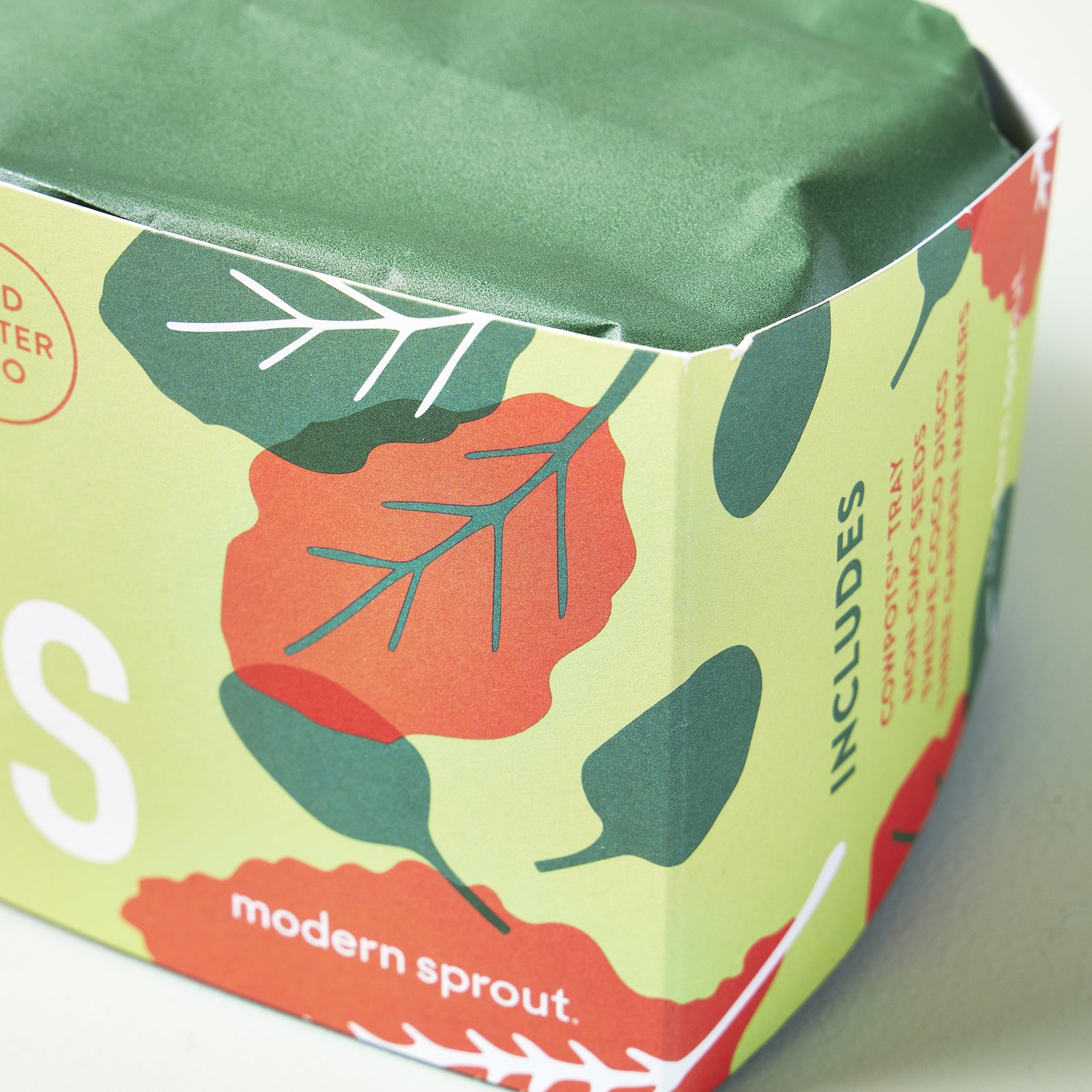 Brightly colored packaging for a Modern Sprout indoor garden kit, featuring bold red and green plant graphics.