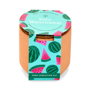 Tiny terracotta garden kit for growing baby watermelon, featuring vibrant watermelon-themed packaging and seed sprouting instructions.