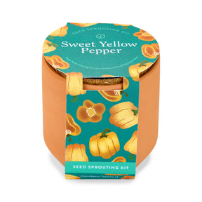 Tiny terracotta garden kit for growing sweet yellow pepper seeds, featuring vibrant packaging with pepper illustrations.