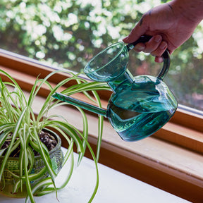A hand holds a teal glass watering can, pouring water onto a potted plant near a window.