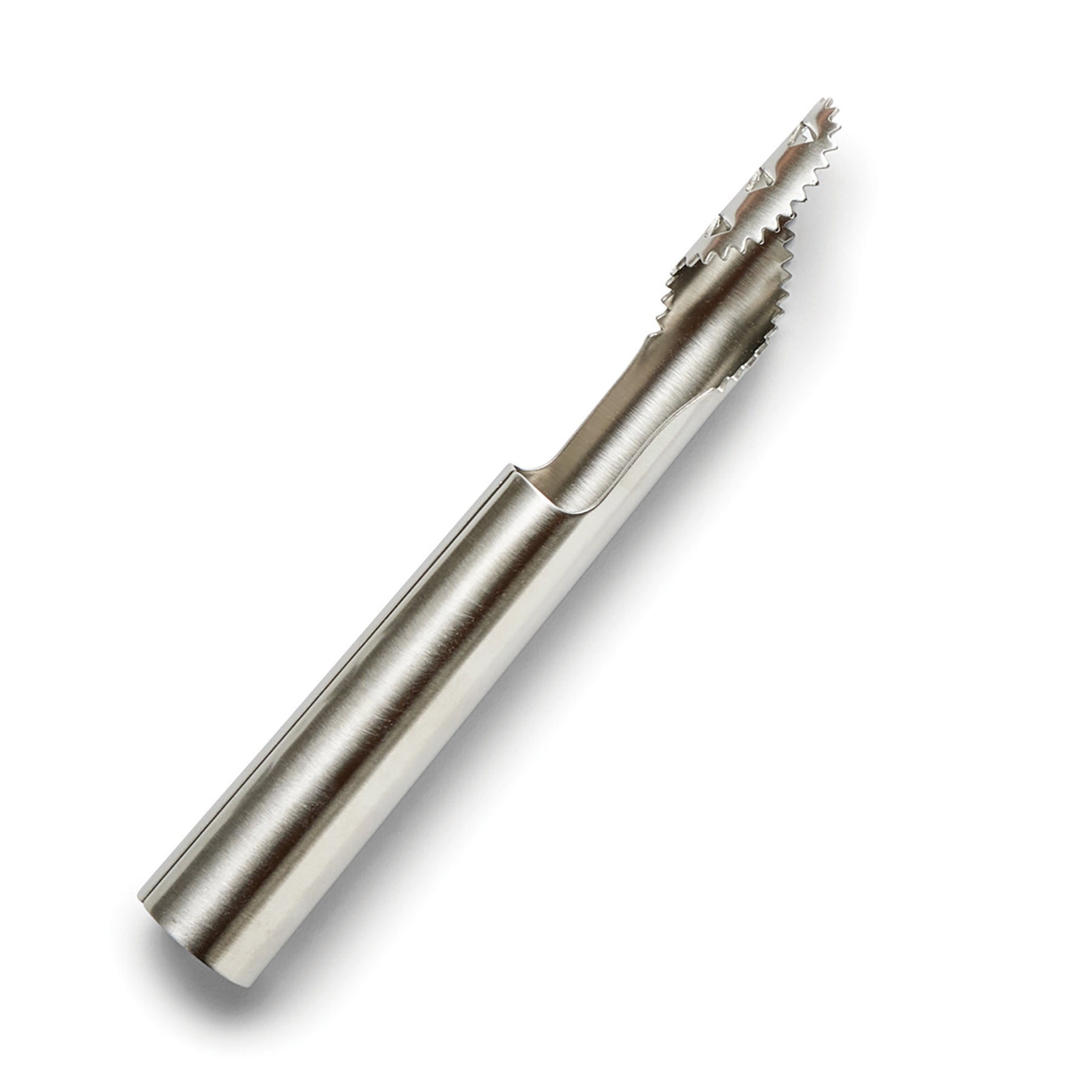 Stainless steel pepper de-seeder tool with a serrated edge for easily removing seeds from peppers.