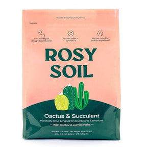 Cactus and succulent grow medium in a pink bag, featuring cacti illustrations and details about its benefits for plants.