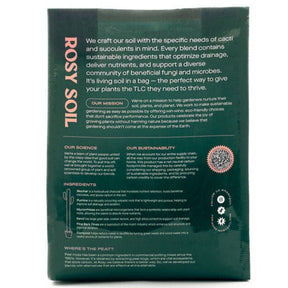 Back of a bag of Rosy Soil, featuring details about its ingredients, mission, and sustainability for cacti and succulents.