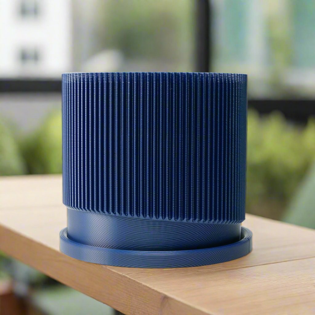 Mid-Century Ribbed Planter with Drainage and Saucer
