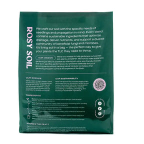 Bag of Rosy Soil designed for seedlings, featuring nutrient-rich ingredients and beneficial microbes for healthy plant growth.