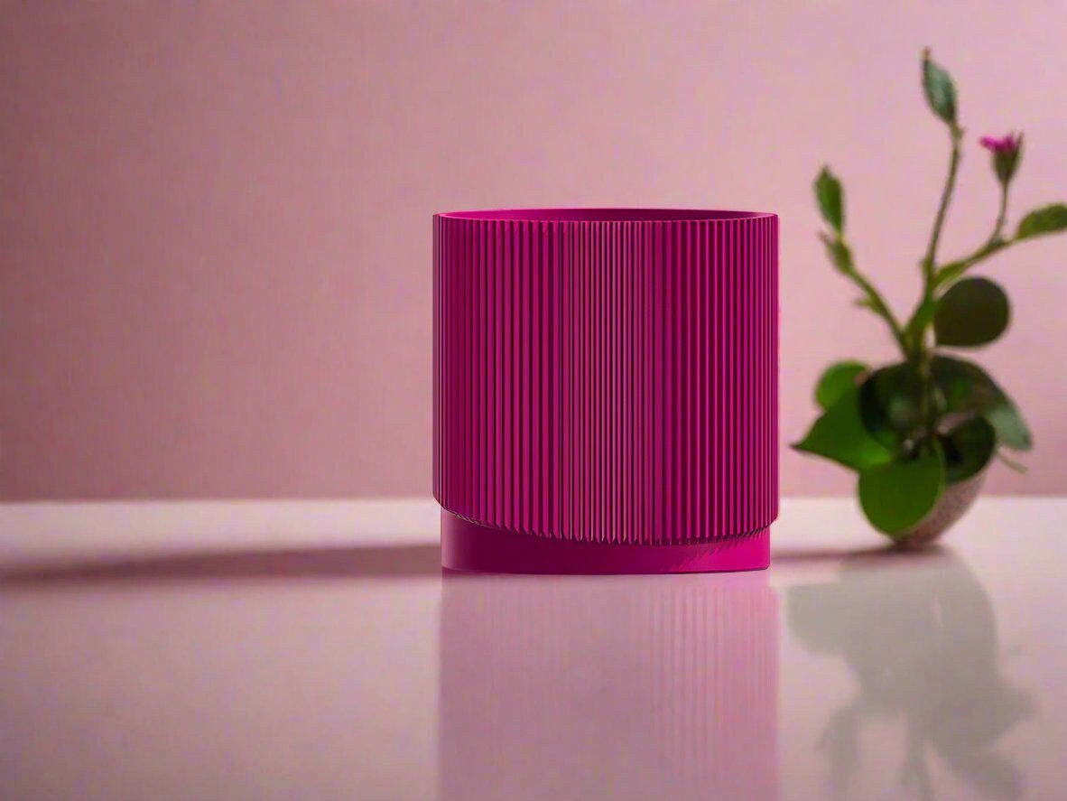 Mid-Century Ribbed Planter with Drainage and Saucer