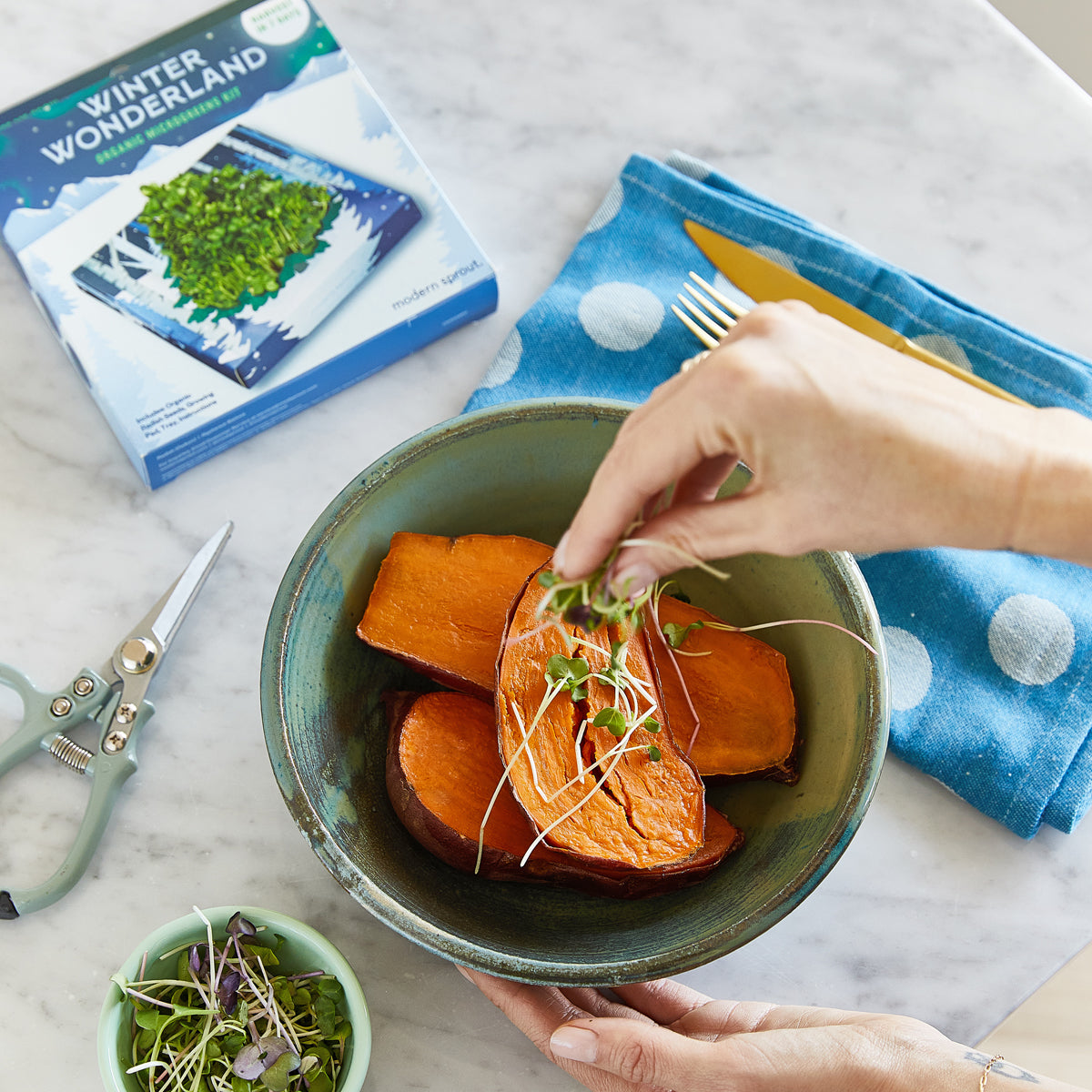 A hand placing microgreens on roasted sweet potato slices in a green bowl, with a hydroponic kit box and blue polka dot na...