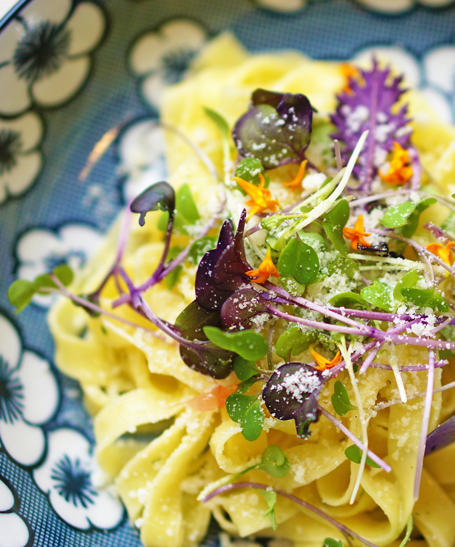 Fresh fettuccine topped with vibrant microgreens, edible flowers, and a sprinkle of cheese in a decorative bowl.