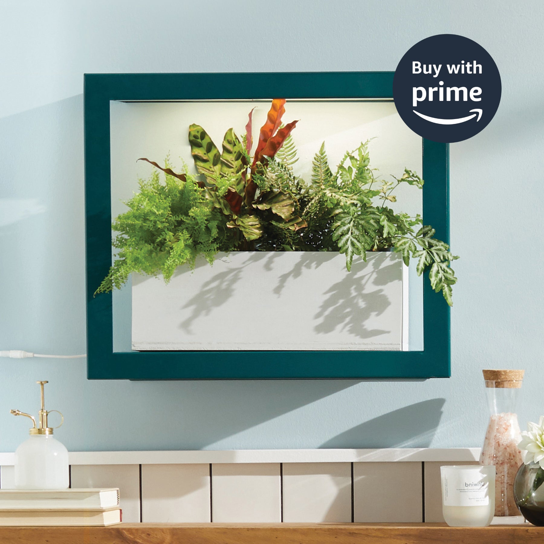 Stylish indoor hydroponic garden with vibrant green plants in a sleek white planter, framed in teal, perfect for home decor.