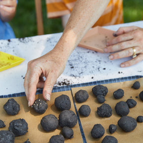 A hand places a seed ball on a table covered with soil and more seed balls, showcasing a seed ball kit activity.