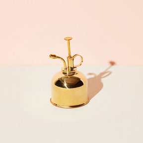 Brass plant mister with a curved spout and handle, casting a shadow on a light surface against a pastel background.
