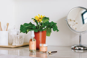 Radiant Positivity Kit featuring Awaken spray and Illuminate cream beside a potted sunflower on a countertop.