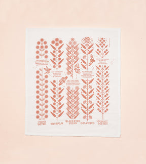 Tea towel featuring botanical illustrations of flowers with labels, showcasing a detailed floral design in coral on a white background.
