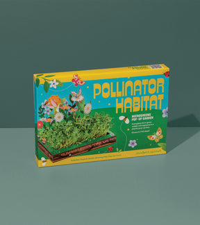 Microgreens Pop-Up Kit box featuring vibrant illustrations of flowers and butterflies, designed for easy indoor gardening.